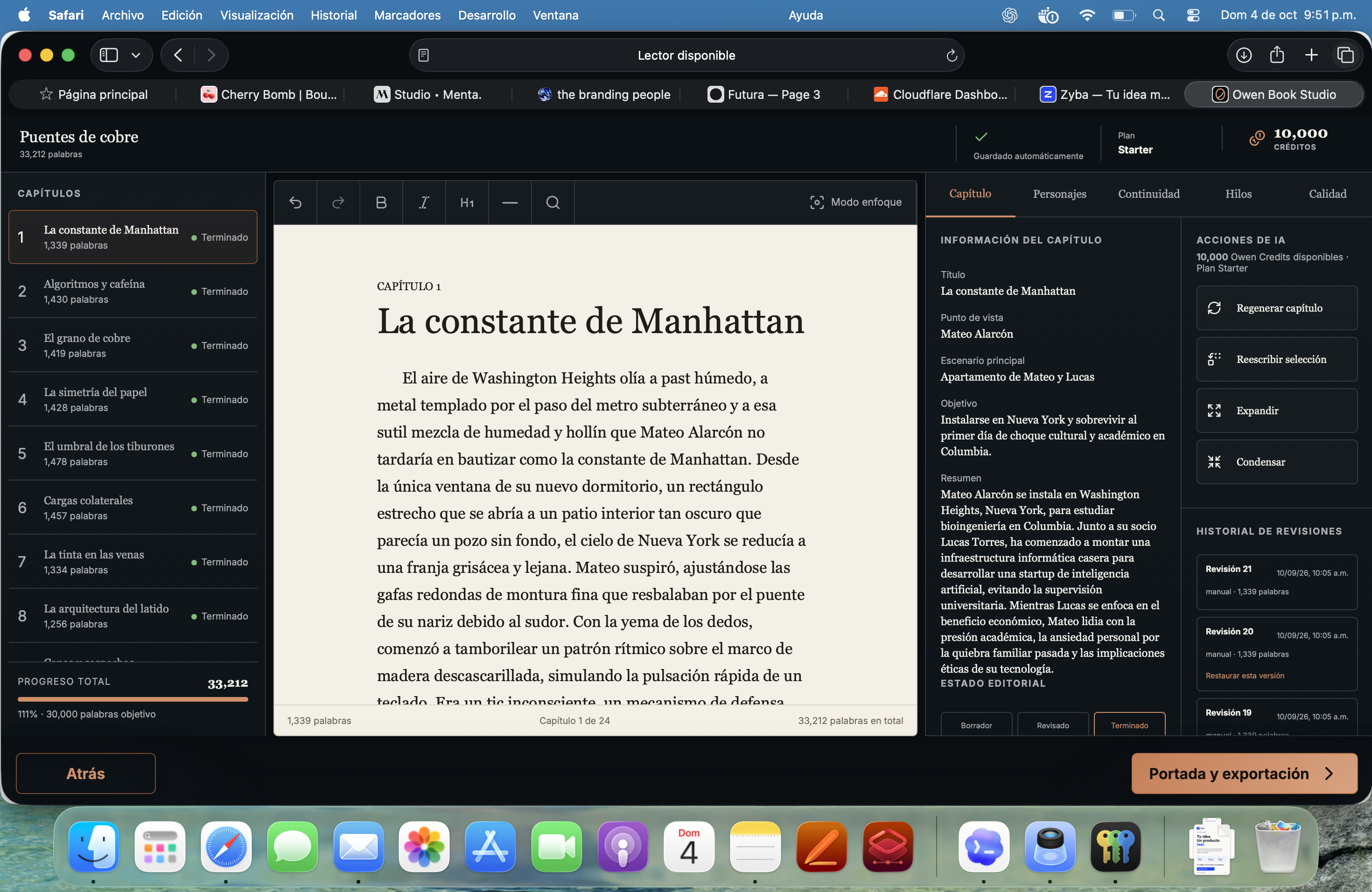 Editor de Owen: capítulos, manuscrito y herramientas de inteligencia artificial.